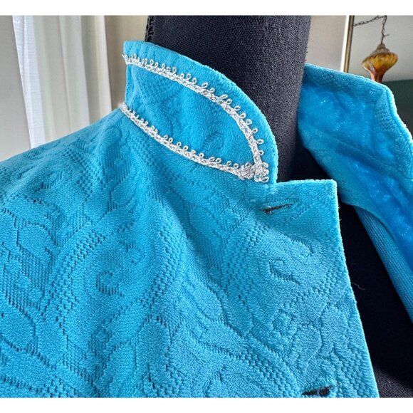 Vintage 1960s dress, turquoise blue, coat-style maxi duster, mandarin collar - Picture 8 of 10